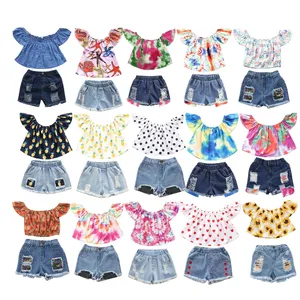 Kleinkind Kinder Mädchen Sommer Outfits Off Shoulder T-Shirt Ripped Denim Shorts Sets