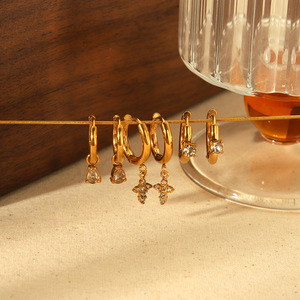 Huggie Earrings Gold Tone Cross Zircon <b>Circle</b> Stainless Steel Ear Clips Geometric Design Fashion Dangle Earrings - Product Image 2