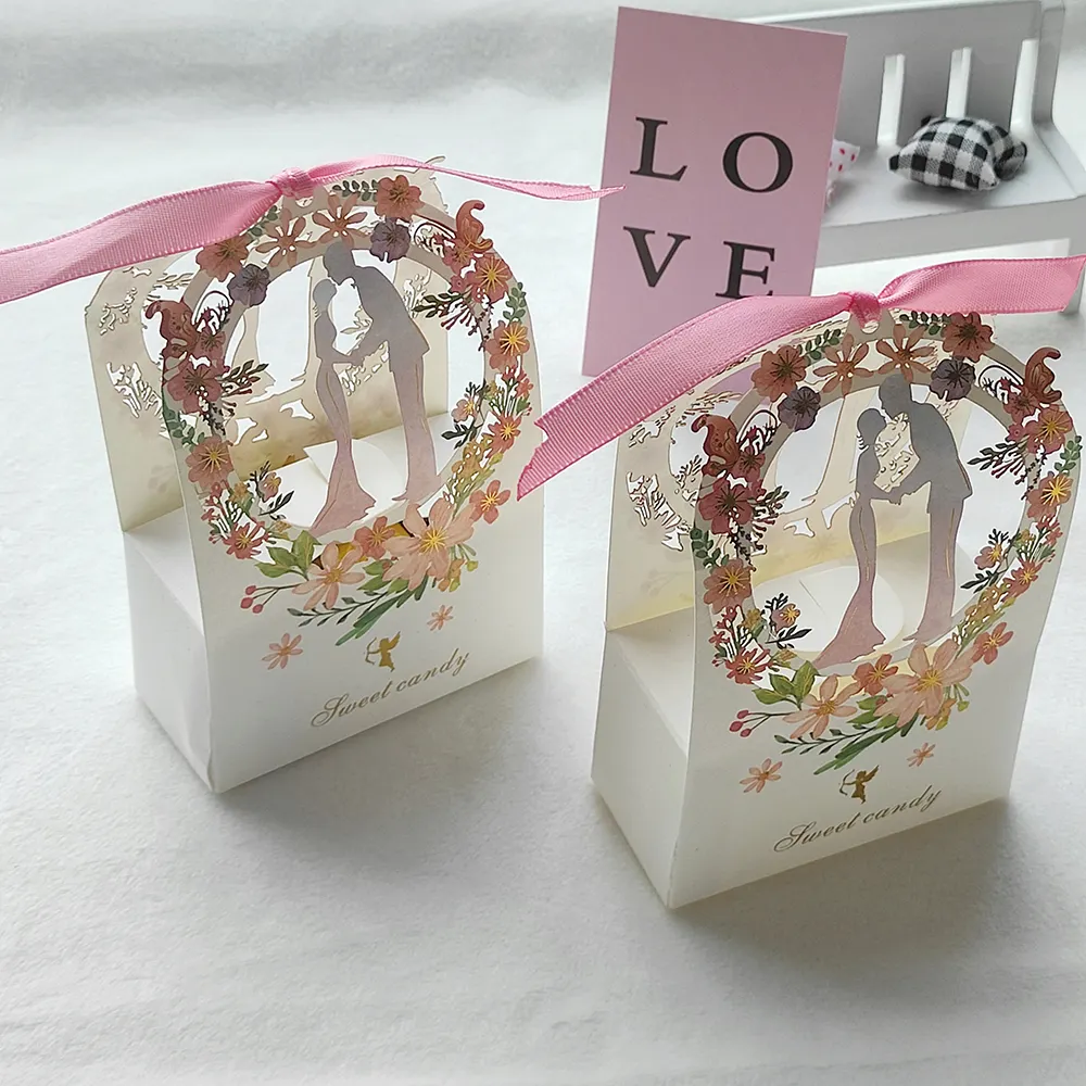 Scatole di carta di cartone ghirlanda di sposi scatola di cioccolatini per matrimoni confezione con nastro logo personalizzato