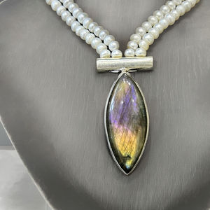 สร้อยคอเงินสไตล์วินเทจสำหรับผู้หญิงสร้อยคอโซ่แฟชั่นไข่มุกน้ำจืดลาบราดอไรต์ขัดเงา - Product Image 1