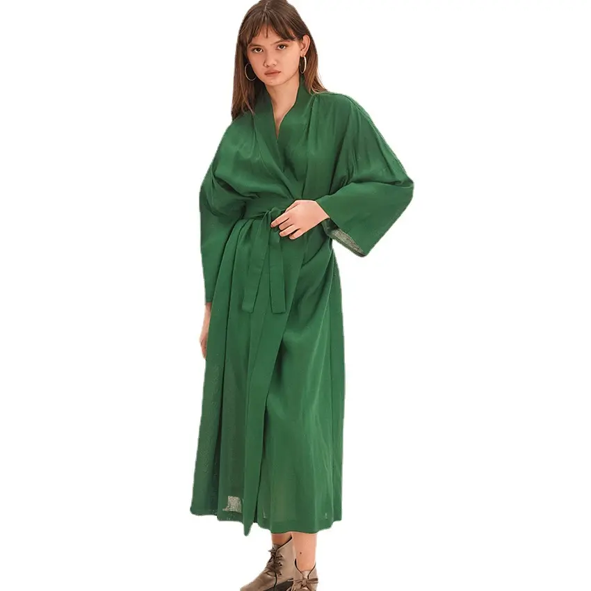 Loungewear Hijau Kualitas Tinggi untuk Wanita Handuk Jubah Mandi untuk Hotel Mewah Jubah Mandi Sabuk Pakaian Rumah Lengan Panjang