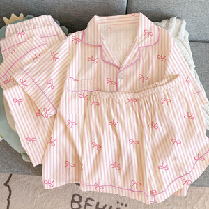 Zoete gestreepte Ins Koreaanse stijl strik bloemen ruche pyjama dames huispak korte mouwen driedelig set - Product Image 1
