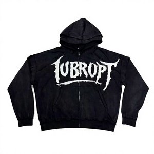 Custom New Black Distressed Zip Hoodie Unisex 100% Cotton Winter Graphic Sweatshirt Heavyweight Oversized Y2K Full Zip Hoodies - Product Image 5