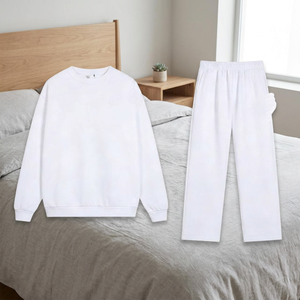 Unisex White Cotton Tracksuit Crew Neck Long Sleeve Solid Color Elastic Waist Casual Loose Fit Adult Spring Wear - Product Image 3