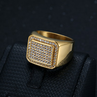 Bague Hip Hop carrée en zircone cubique, étanche, en acier inoxydable plaqué or 18 carats, inaltérable, pour homme