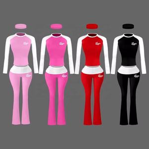 Custom Logo Vrouwen Loungewear Set Boetiekkleding Lange Mouw Color Block T-Shirt Outfits Vrouwen Tweedelige Opvouwbare Flare Broek - Product Image 1