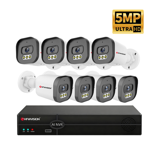 AI Human Motion Alarm H.265 Compression CMOS Sensor 5mp Bullet IP Camera 8 Channel NVR PoE Kits Home Security Camera