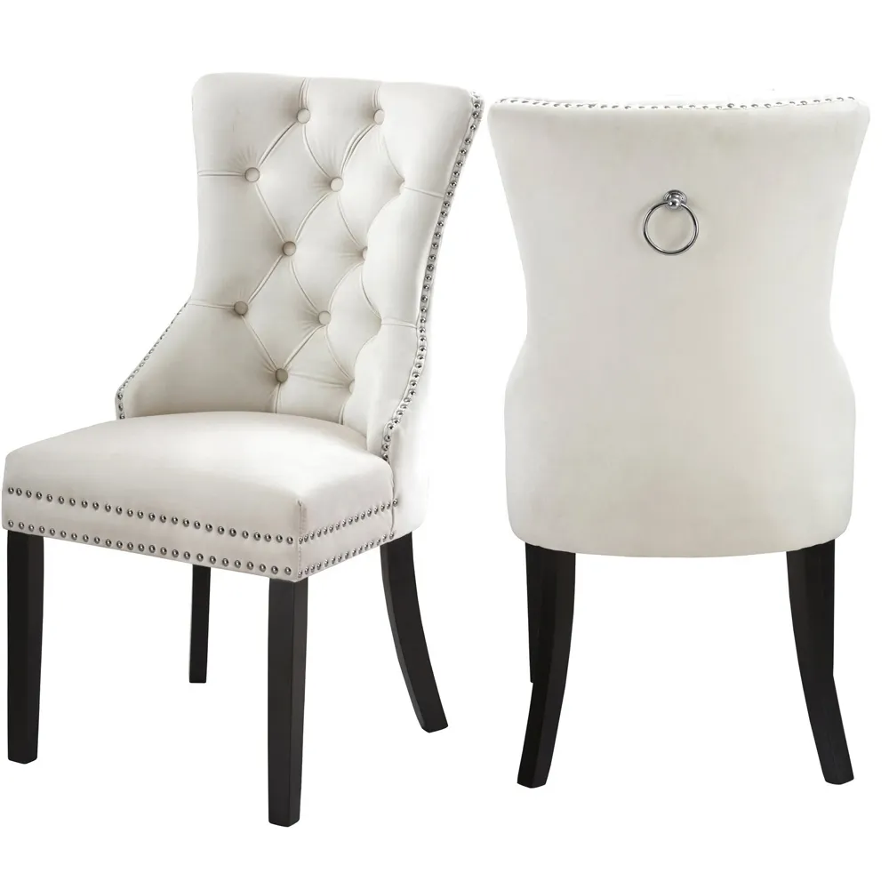 Moderne blanc velours tissu engazonné nouvelle jambes en bois dinant la chaise de luxe rembourré cuisine salle à manger chaise avec nailhead