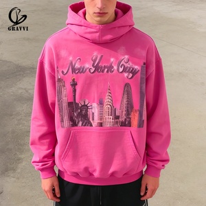 Sweat à capuche surdimensionné pour homme en coton molletonné de haute qualité 400 GSM, avec imprimé graphique New York City rose, épaules tombantes - Product Image 1