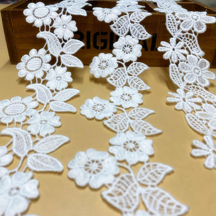 LS767 Wholesale Milk Silk Polyester Silk Rose Leaf Embroidery Water-soluble Lace Trim for Wedding Dress Decoration