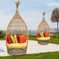 Cama de Ratán con Diseño Clásico de Nido de Pájaro, Muebles de Exterior, Sofá Cama Completo, Sofá de Exterior con Dosel