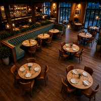 Ensemble de meubles de restaurant sur mesure Ron Group, table ronde en bois, banquette capitonnée en tissu, chaise en cuir
