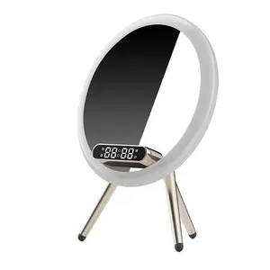 Q6 multifunction makeup mirror Smart speakers pad qi fast charger station led night light wireless charger with alarm clock