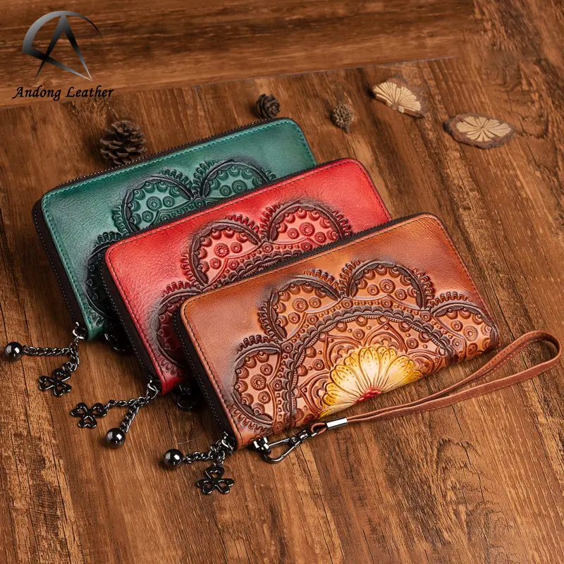 Wholesale Andong Cowhide Ladies Long Purse Retro Genuine Cow Leather Wallet  Women Hand-painted Clutch Phone Pocket Wallets Bag From m.