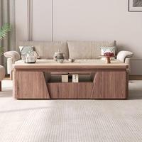 Table basse rectangulaire Wabi Sabi de style mid-century, plateau en pierre frittée travertin, bois massif, plusieurs tiroirs de rangement