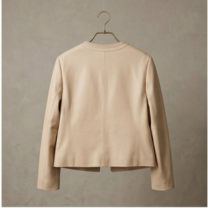 Cappotto da Donna in Morbida <span class=keywords><strong>Pelle</strong></span> di Agnello di Prima Qualità, <span class=keywords><strong>Beige</strong></span> Crema, Collo Rotondo, Bordatura Intrecciata a Mano, <span class=keywords><strong>Giacca</strong></span> in <span class=keywords><strong>Pelle</strong></span> Minimalista da Ufficio - Product Image 3