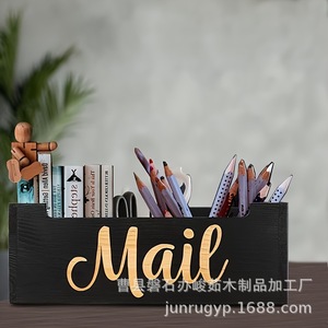 Wooden Desktop Storage <b>Box</b> Rectangle Engraved Mail Label Office Organizer Stationery <b>Pen</b> Holder Desk Clutter Solution - Product Image 2