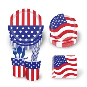 American USA Flag Party Supplies Independence Day Decorations Paper Plates Napkins Cups Cutlery Knife Spoon Serves 4th Of July