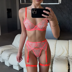 ชุดชั้นในลูกไม้สามชิ้นปักลายริมฝีปากสีส้มซีทรูแบบสั่งทำพิเศษ ชุดชั้นในเซ็กซี่สำหรับผู้หญิงขายดีระดับนานาชาติ - Product Image 3