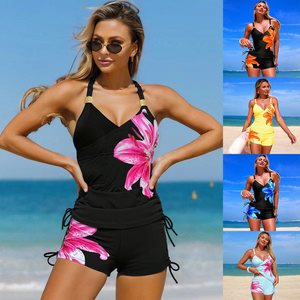 Ensemble tankini 2 pièces pour femmes, col en V, imprimé lys, bretelles réglables, <span class=keywords><strong>maillot</strong></span> de bain court froncé sur les côtés, pour la plage en été - Product Image 5
