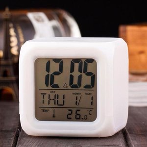 7 Colors Changing Night Light <b>Digital</b> Desk <b>Clock</b> Square LCD Display Temperature Day Date White Plastic Minimalist Design <b>Battery</b> - Product Image 6