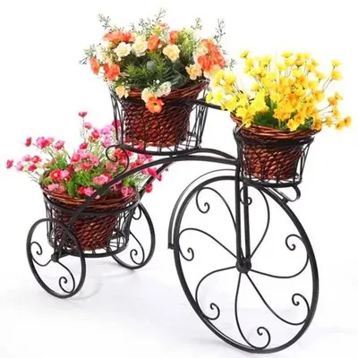 Bling Farbe Mode Großhandel Eisen Dreirad Pflanze Blumenvase Stand Display für Hochzeit Garten Dekor Fahrrad Blumen regal