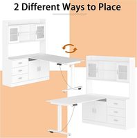 Bureau d'ordinateur en forme de L avec tiroirs, étagères et portes en verre, bureau poste de travail, blanc