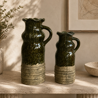 Vase à fleurs en céramique vintage, corps émaillé caramel, finition gris patiné, poignée à double anneau pour la décoration de table console