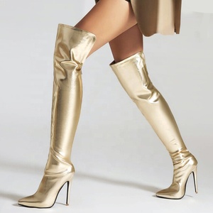 Botas Largas Plateadas con Cremallera Trasera para Mujer, Talla Grande 47, Tacones Altos y Delgados, Botines por Encima de la Rodilla, Punta Puntiaguda, Ajuste Ancho, Zapatos de Vestir - Product Image 1