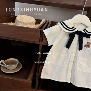 Child Star Circle Baby Girls Short Sleeve Sailor Collar Shirt With Bear Bow Breathable Summer Top - Product Image 4