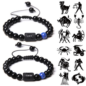 Venta al por mayor 8mm negro horóscopo <span class=keywords><strong>suerte</strong></span> cuentas parejas pulsera joyería 12 signo del zodiaco pulsera con cuentas - Product Image 1