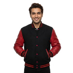 Blouson universitaire noir à manches rouges pour homme et unisexe, style baseball, boutonné, avec bordure côtelée, option logo personnalisé, chaud, respirant, pour l'extérieur - Product Image 1