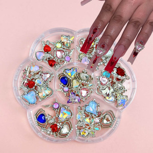 50 Piezas al por Mayor, Accesorios para Uñas DIY, 7 Compartimentos, Dijes de Metal con Forma de Corazón, Corona y Estrella 3D, con Circonitas y Pedrería - Product Image 2