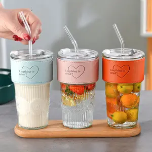 Seaygift Groothandel Paar Geschenken Reliëf Glas Ijskoffie Cup Geïsoleerde Lederen Mouw Glas Sap Melk Thee Cup Tumbler Mok