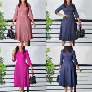 D529 Último Diseño <span class=keywords><strong>Vestidos</strong></span> de Oficina para Mujer Otoño Casual Elegante Color Sólido Plisado Africano para Ropa - Product Image 2