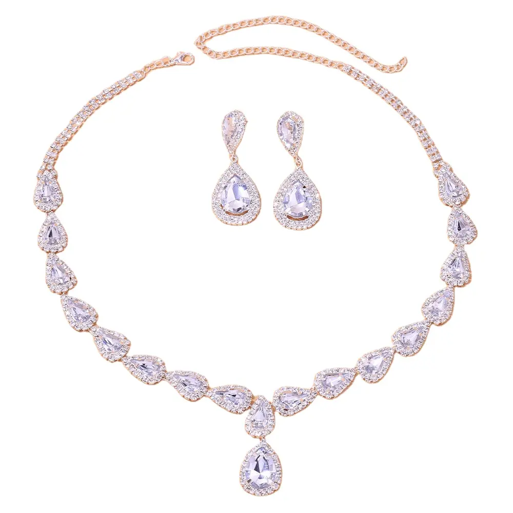 Hot sale luxury gold plated indian bridal necklace jewelry set diamond zircon crystal for women wedding girls