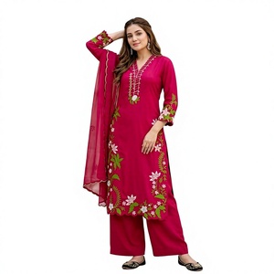 Traje Salwar Floral Rojo con Relieve y Dupatta, Estilo Tradicional Indio-Pakistaní, Corte Regular, Largo hasta el Suelo, de Secado Rápido para Mujer, Ideal para Bodas - Product Image 1