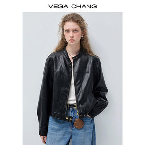 سترة جلدية سوداء قصيرة للنساء من فيغا تشانغ، تصميم عصري أنيق مع أزرار ذهبية وياقة عالية - Product Image 2