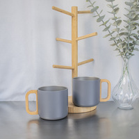 Mug à café isotherme en acier inoxydable à double paroi de 400 ml avec poignée en bois, tasse de camping portable, gobelet à thé pour l'extérieur et le bureau