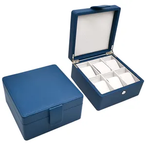 豪华蓝色6槽枕头安全手表包Oem品牌磁铁儿童皮革手表储物盒