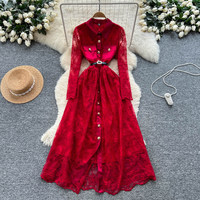 Robe longue décontractée WIWT élégante pour femme, en dentelle verte, à manches longues, coupe trapèze, avec ceinture et col chemise boutonné, idéale pour les fêtes et le quotidien