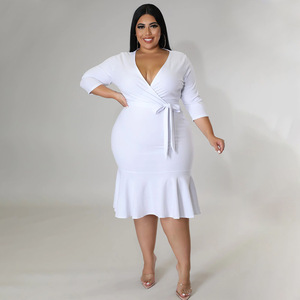 Vestido de Talla Grande con Escote en V, Color Sólido, Estilo Europeo y Americano, con Cordones, Abertura en la Cadera y Volantes - Product Image 5