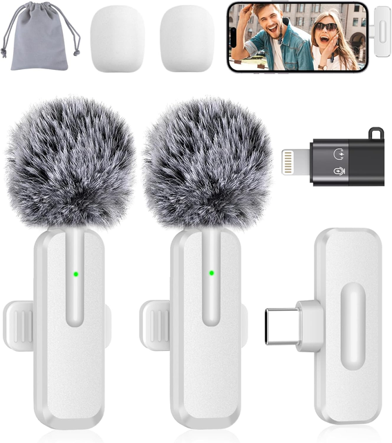 3 in 1 Dual Wireless Lavalier Mic for iPhone Android Camera, Portable Lapel Microphone for Live Streaming Vlog Video Recording