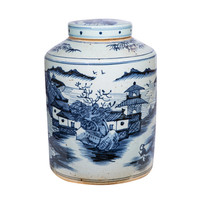 Vase de table cylindrique en porcelaine artisanale écologique, motif poisson bleu et blanc, style Art Déco chinois, avec couvercle, pour la maison