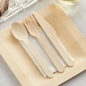 Custom Package Natural Birch Wood Biodegradable Outdoor Party Cutlery Disposable Wooden Cutlery Spoon Fork Knife