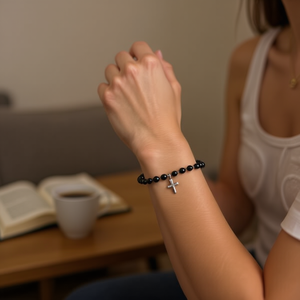 Bracelet en acier inoxydable avec perles, croix religieuse, cadeau unisexe, bijoux - Product Image 3