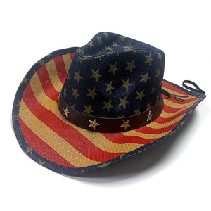 Sombrero de la serie de la bandera americana pintada a mano Día de la independencia de EE. UU. 4 de Julio Sombrero de <span class=keywords><strong>vaquero</strong></span> de paja occidental Sombrilla Retro - Product Image 4