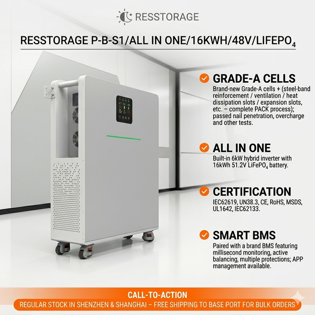 14.34kWh 6kW UPS Battery Backup System 51.2V 280Ah LiFePO4 All in One Energy Storage for Home Power Outage