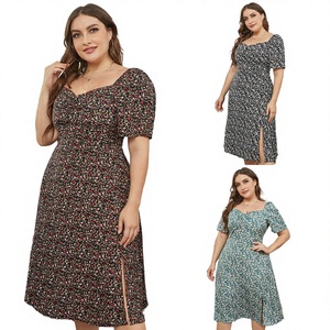 New Style Plus Size Women's <b>Loose</b> Square Collar Breathable Button Waist Cinching Floor-Length Floral Pattern Casual Summer <b>Dress</b> - Product Image 2