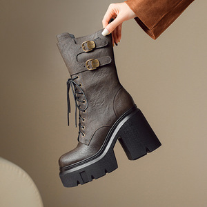 Bottes mi-<span class=keywords><strong>mollet</strong></span> en cuir véritable à semelle très épaisse <span class=keywords><strong>pour</strong></span> femme, bottes d'hiver courtes, petite taille, tendance, talon épais - Product Image 5